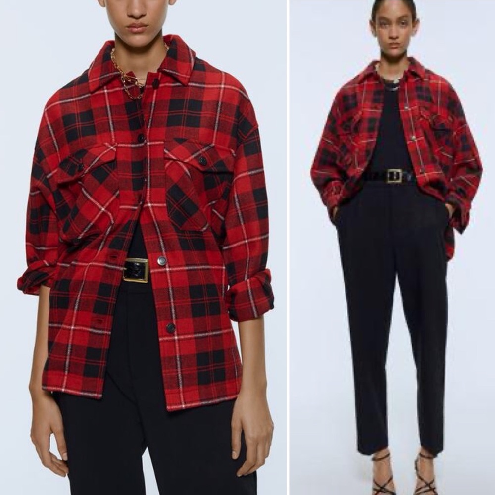 Zara Wool Blend Plaid Shacket Oversized Jacket Shirt Red Black Flannel